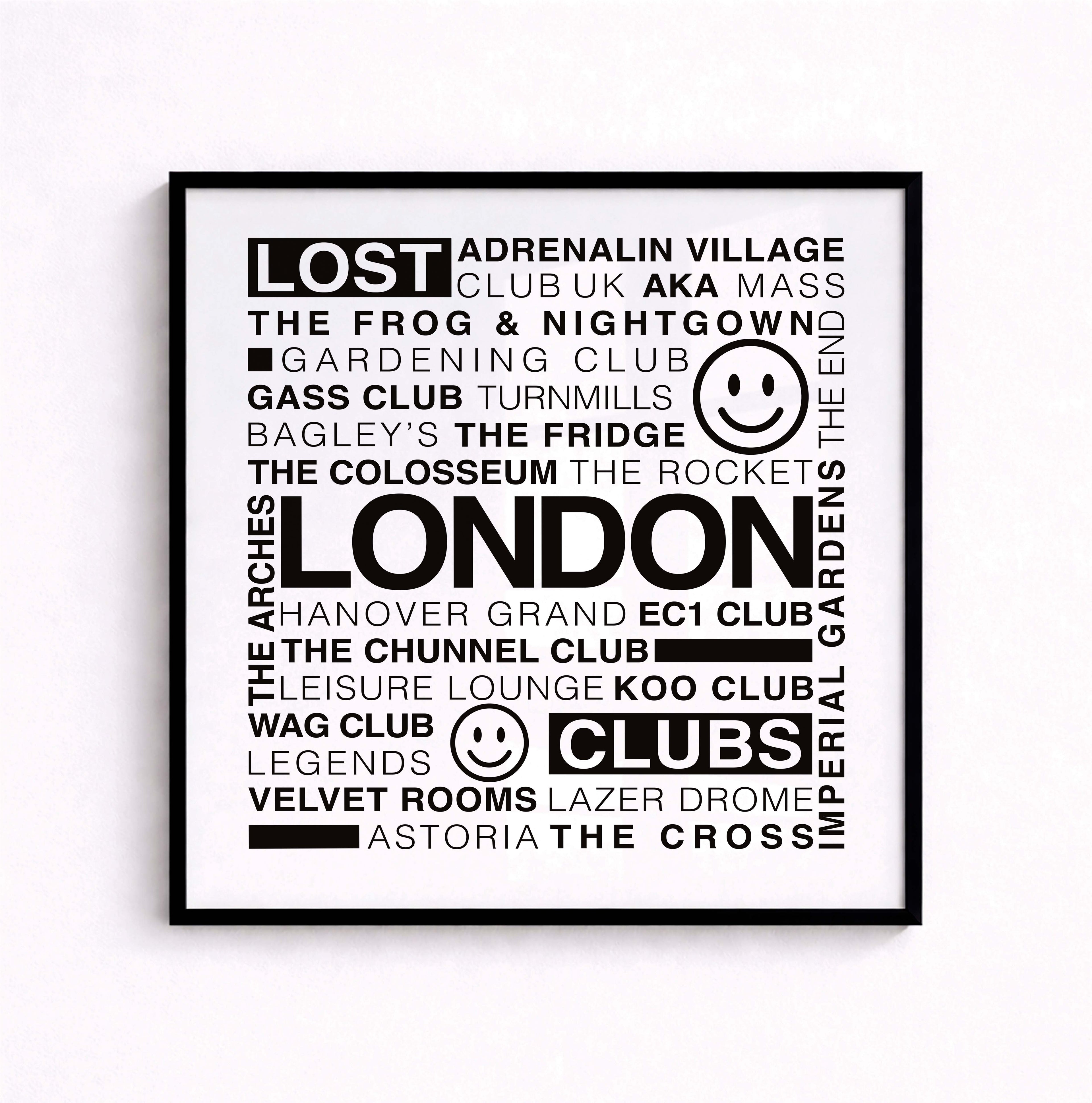 Lost London Clubs square text print with black typography on a white background displayed in a black frame hanging on a white wall