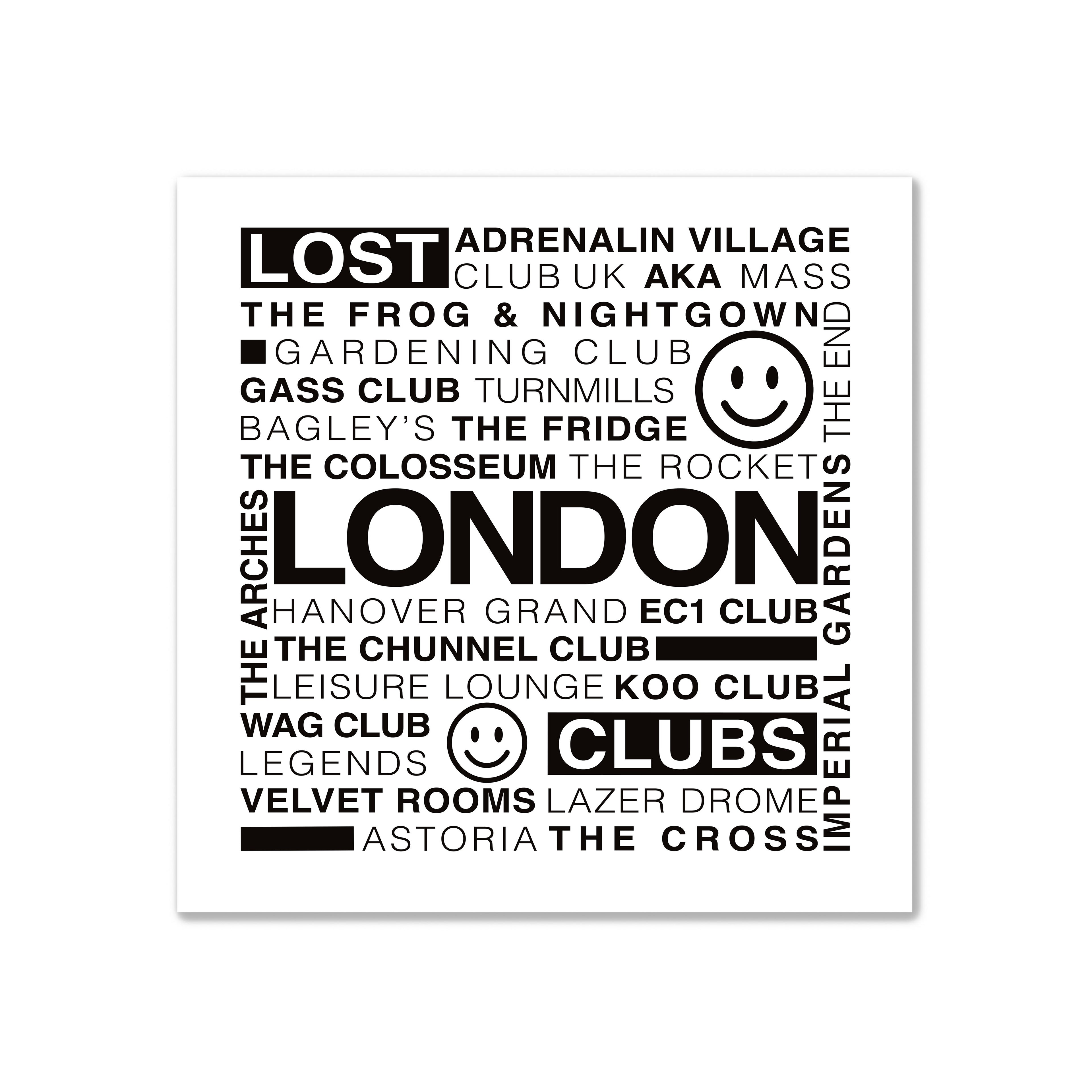 Lost London Clubs square text print with black typography on a white background listing iconic closed London dance music clubs, including Bagley’s and The Cross