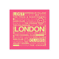 Framed Lost London Clubs square print with electric pink background and acid yellow text displayed on a white wall, featuring iconic closed London dance music clubs