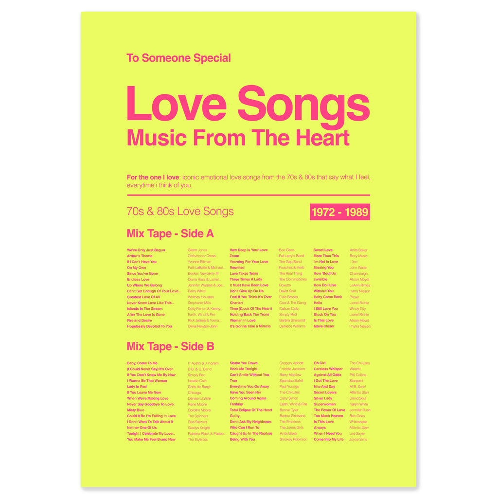 Love Songs for someone special music print in acid yellow with electric pink text, celebrating iconic 70s and 80s love songs.