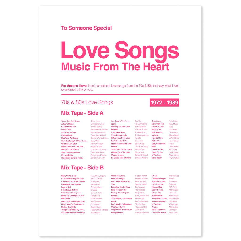 Love Songs music list print in white with electric pink text, featuring emotional 70s 80s and 90s love songs. A romantic gift for a girlfriend, boyfriend, wife, or partner.