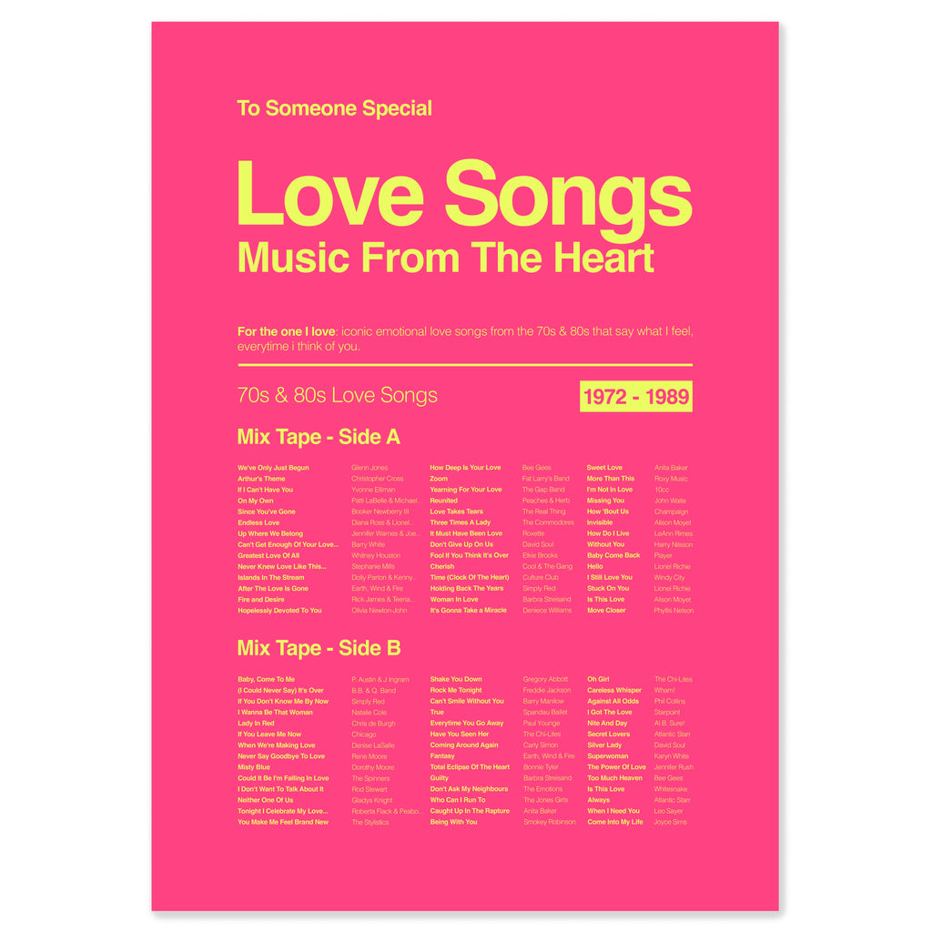 Love Songs music from the heart poster in electric pink with acid yellow text, featuring iconic emotional love songs from the 70s and 80s.