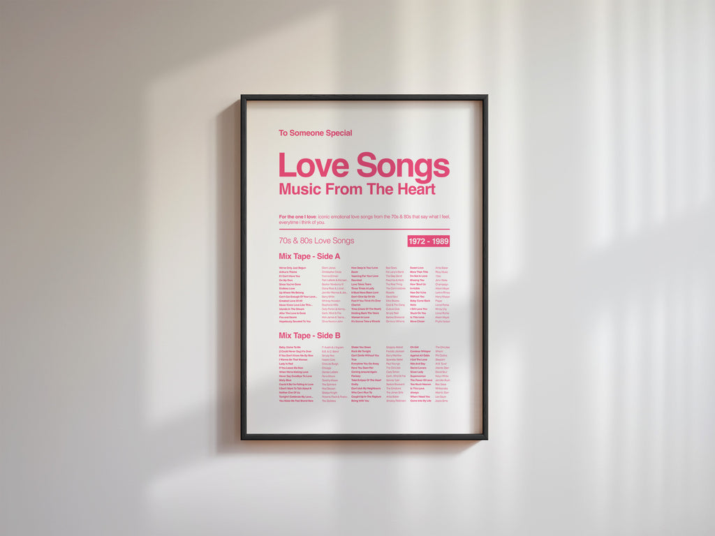 Framed poster titled 'Love Songs Music From The Heart' on a white wall