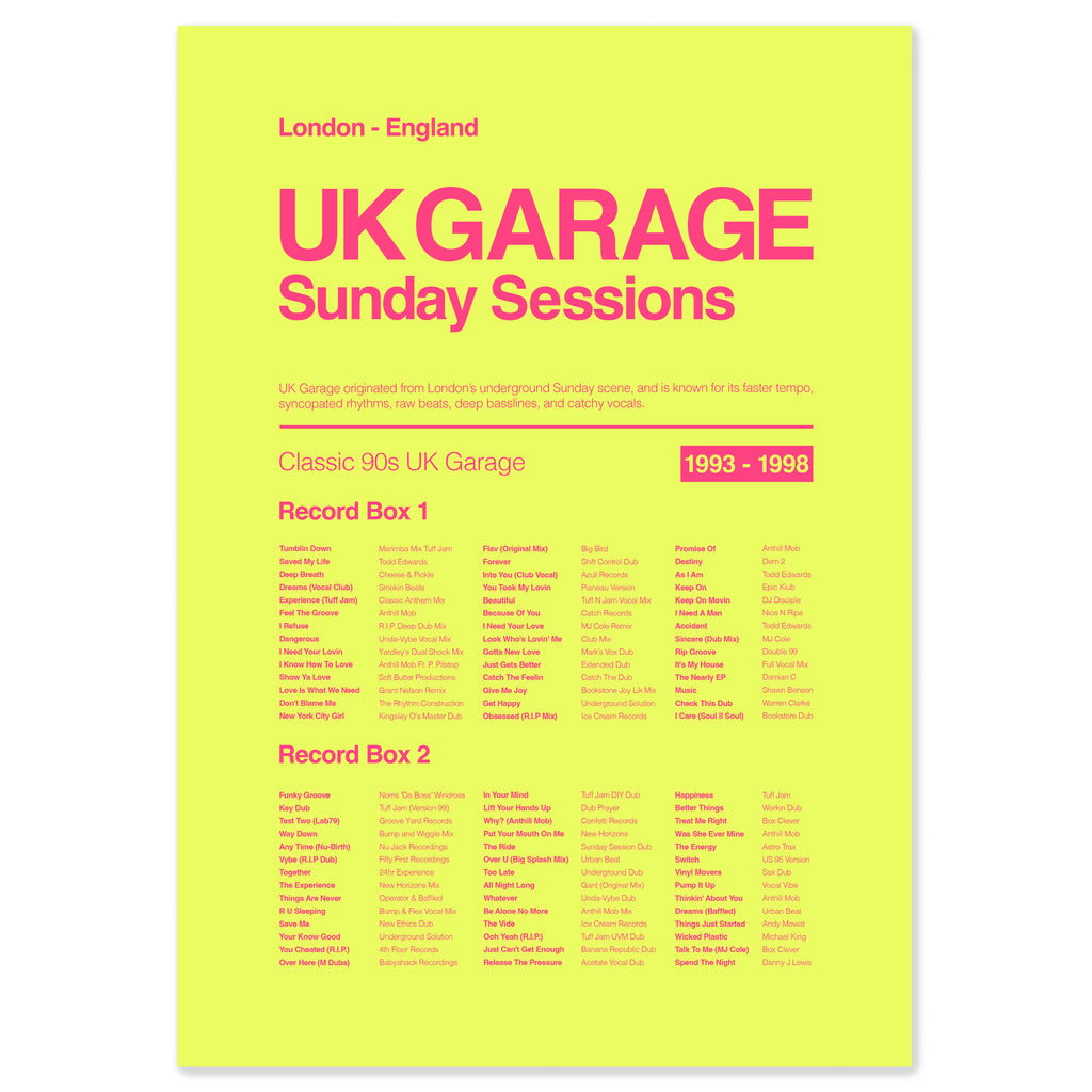 UK garage music print in acid yellow and electric pink celebrating shuffle rhythms and British dance culture