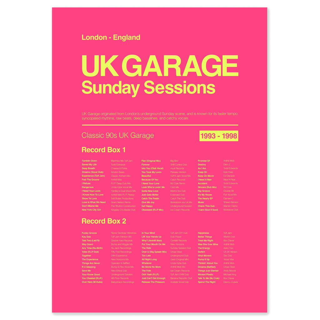 UK garage music print in electric pink inspired by 90s UK club culture and garage rhythms