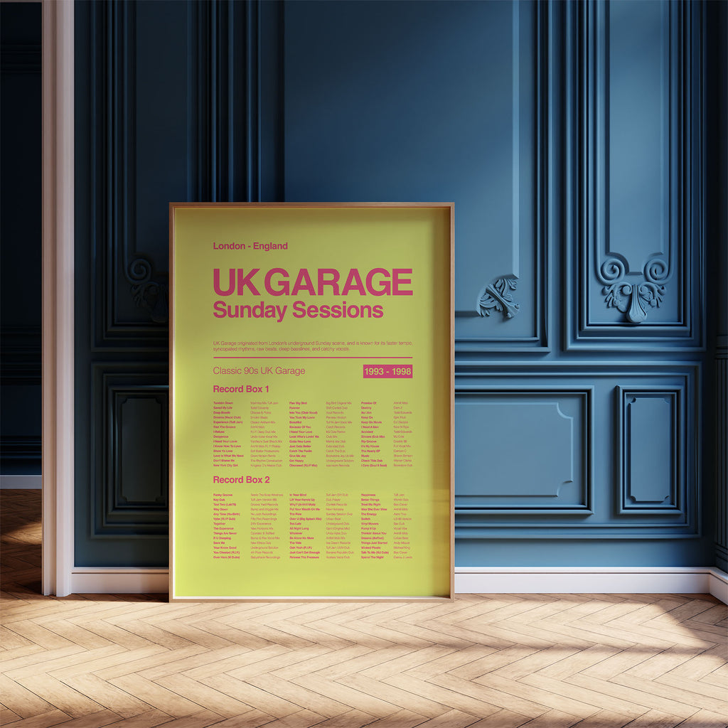 UK Garage music print in a pine frame leaning against a navy ornate wall lit by soft natural light. Suitable for A1, A2 and A3 sizes. Acid yellow background with electric pink text (Mockup M01).