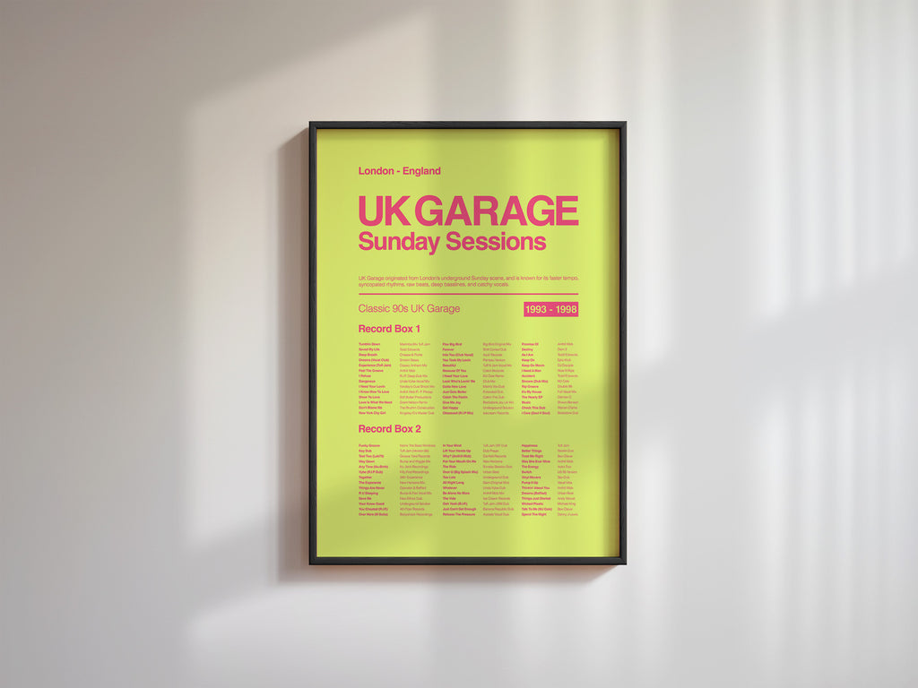 UK Garage music print in a black frame on a white wall with soft angled daylight shadows creating depth. Suitable for A1, A2 and A3 sizes. Acid yellow background with electric pink text (Mockup M03).