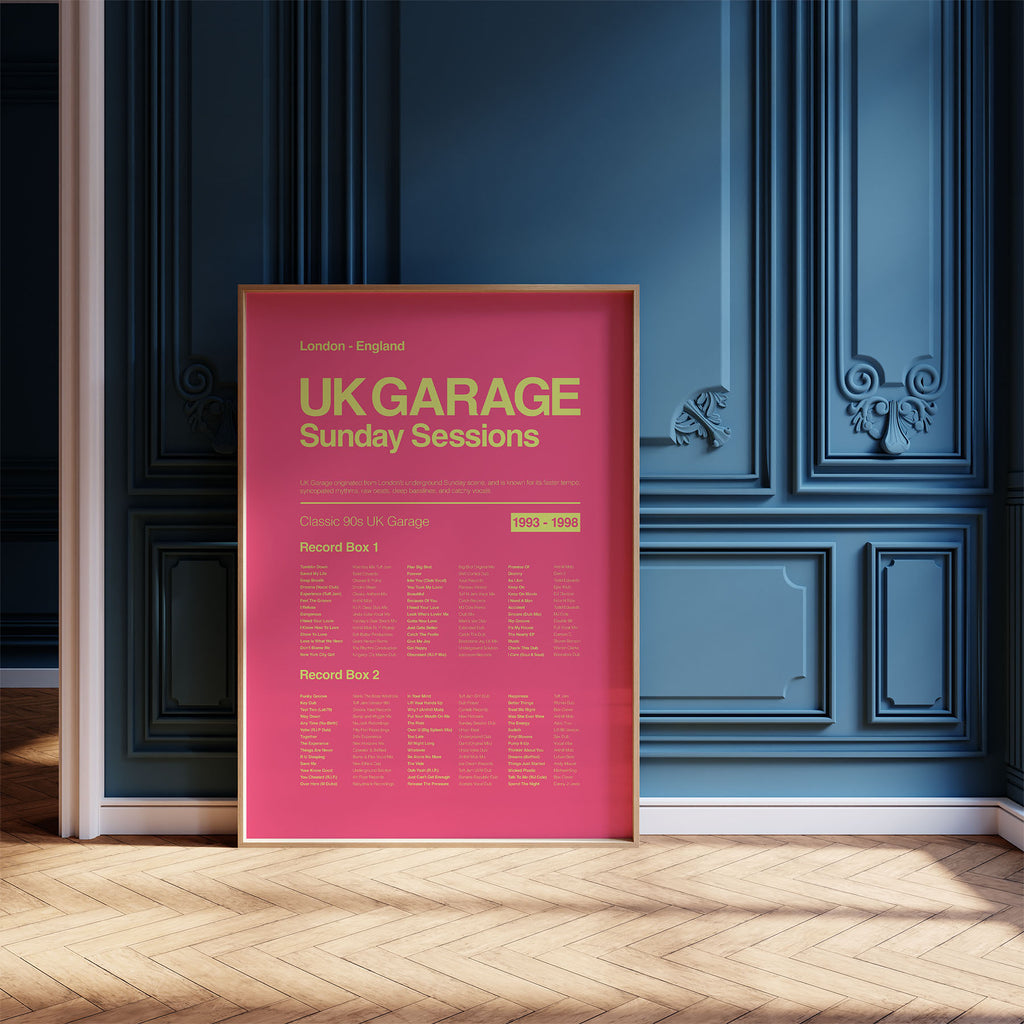 UK Garage music print in a pine frame leaning against a navy ornate wall with soft ambient daylight. Suitable for A1, A2 and A3 sizes. Electric pink background with acid yellow text (Mockup M01).