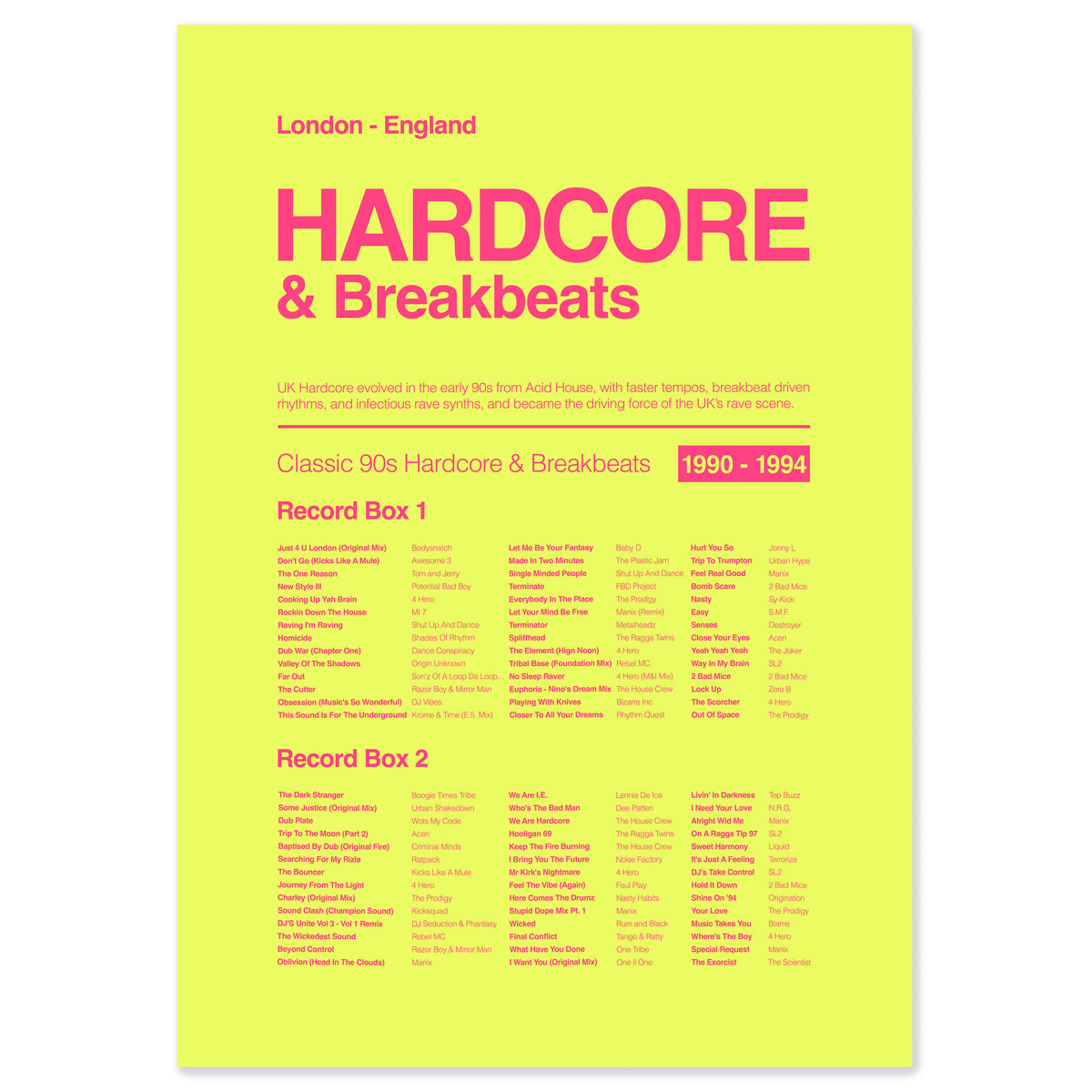 UK hardcore breakbeats early rave music print in acid yellow inspired by early 90s rave and breakbeat culture