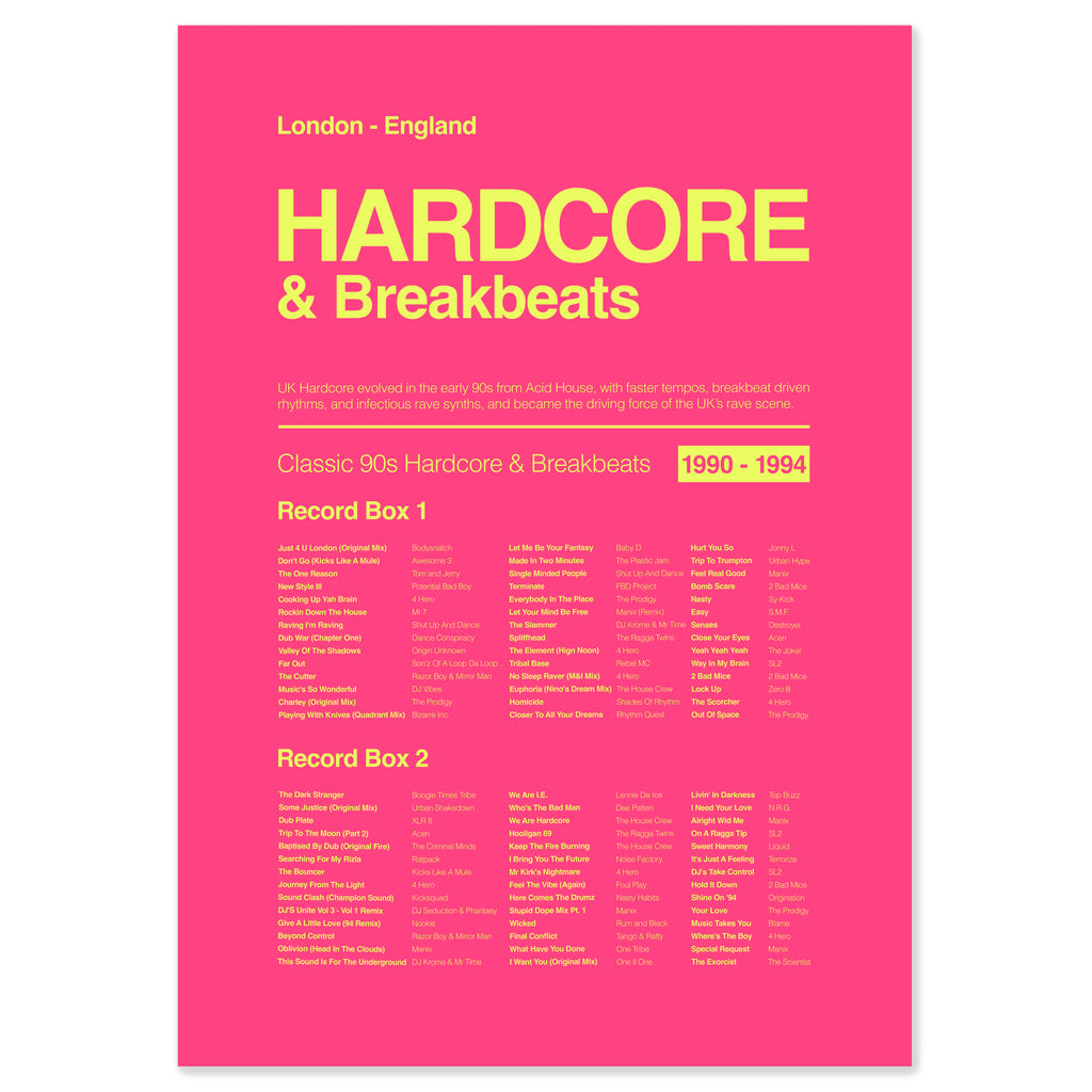 UK hardcore breakbeats early rave music print in electric pink celebrating high-energy rave and breakbeat sounds