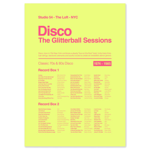 70s disco music print inspired by Studio 54 in acid yellow, celebrating classic disco tracks and New York nightclub culture