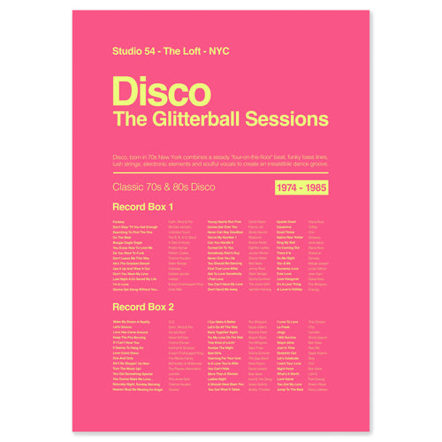 70s disco music print inspired by Studio 54 in electric pink, featuring iconic disco era tracks and dancefloor culture
