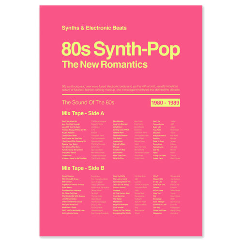 80s synth pop New Romantics music print in electric pink celebrating iconic electronic pop and fashion-led club culture