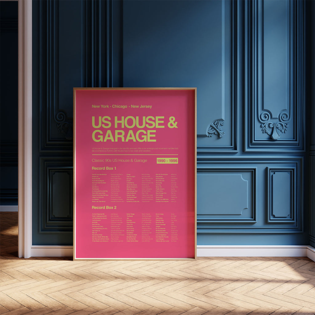 US House & Garage music print in a pine frame leaning against a navy ornate wall illuminated by soft daylight. Suitable for A1, A2 and A3 sizes. Electric pink background with acid yellow text (Mockup M01).