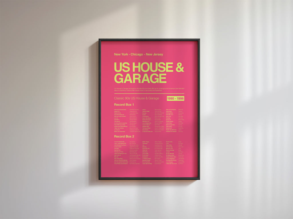 US House & Garage music print in a black frame leaning on a white wall with angled natural shadows adding depth. Suitable for A1, A2 and A3 sizes. Electric pink background with acid yellow text (Mockup M03).