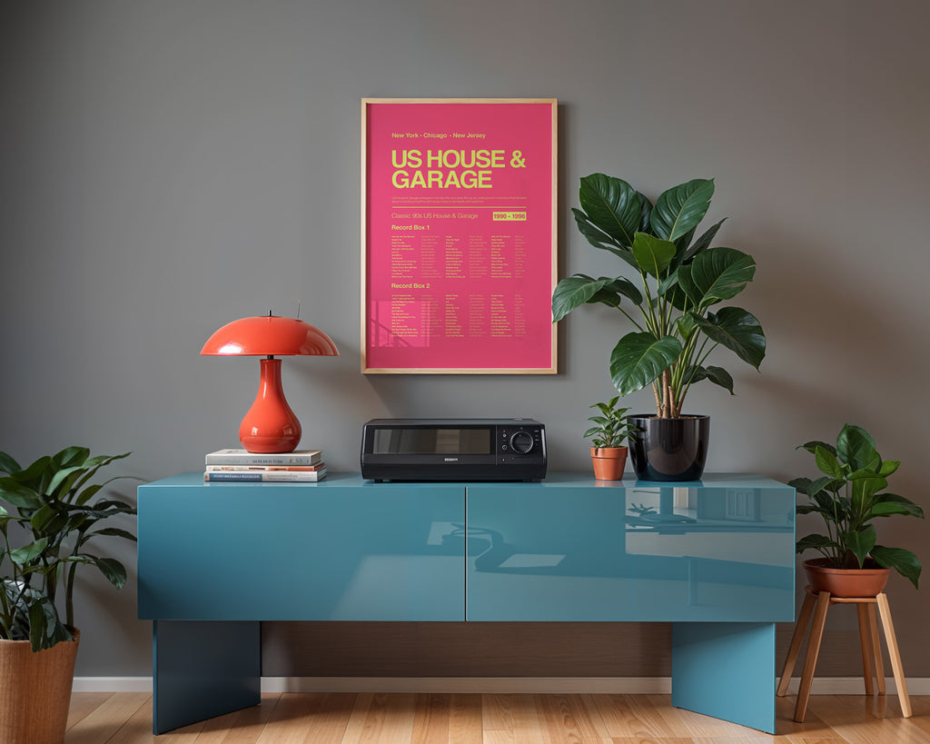US House & Garage music print in a black frame mounted on a grey wall above a blue sideboard with clean natural reflections on the frame glass. Suitable for A1, A2 and A3 sizes. Electric pink background with acid yellow text (Mockup M06).